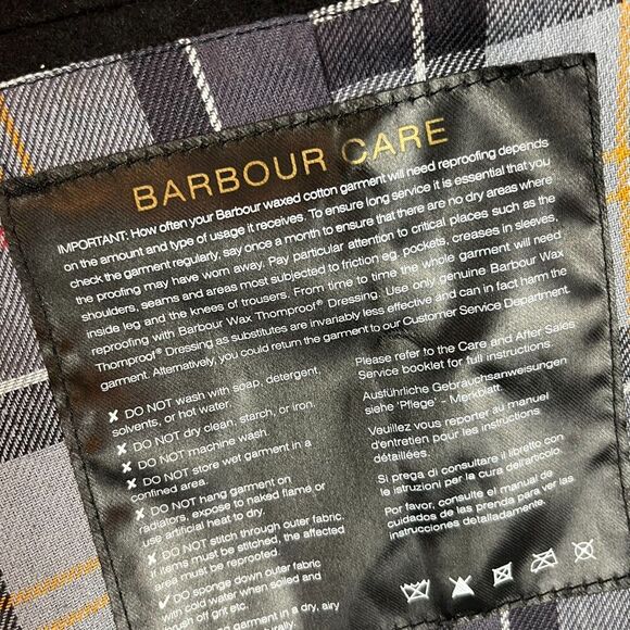 Barbour Waxed Cotton Full Zip Mock Neck Jacket Black Utility Tartan Lined 10 - Picture 10 of 15